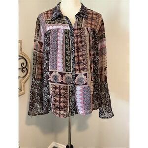 Maurices Patchwork Bell Sleeve Blouse Size L Boho Floral Sheer Lightweight